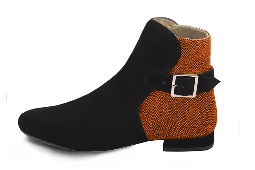 Matt black and clementine orange women's ankle boots with buckles at the back. Round toe. Flat block heels. Profile view - Florence KOOIJMAN